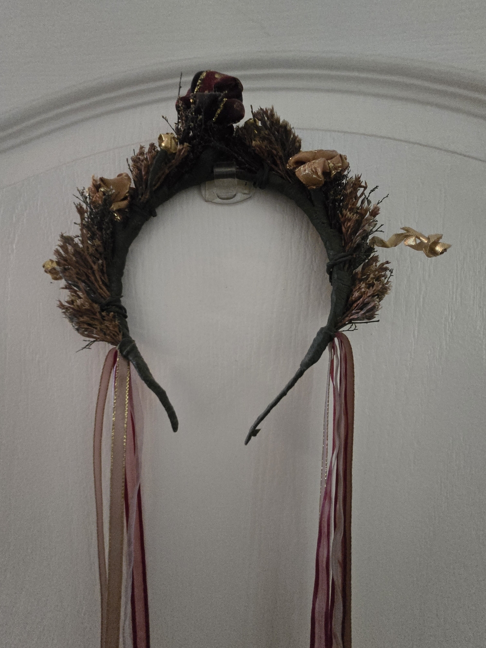 Women’s Fairy Floral Crown Headband w/ Ribbons Brown Burgundy Renaissance Faire